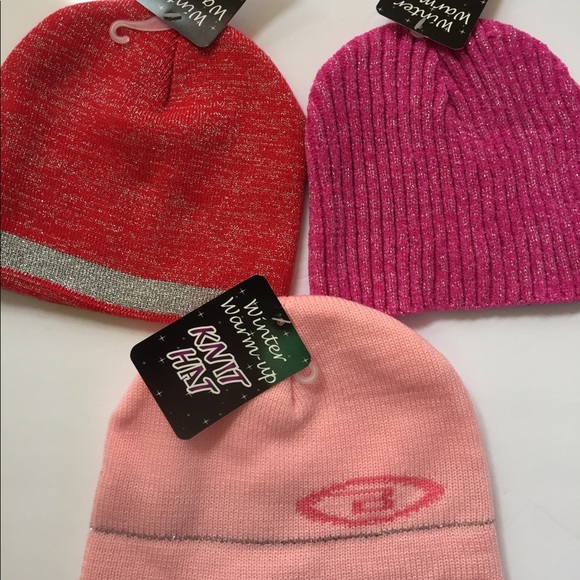 TODDLER GIRLS LOT OF 3 KNIT WINTER HATS RED PINK - Picture 1 of 5